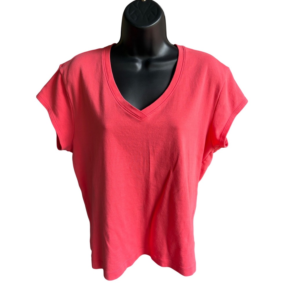 Pink V-Neck Short Sleeve T-Shirt Cotton Blend Casual Knit Top Womens Large